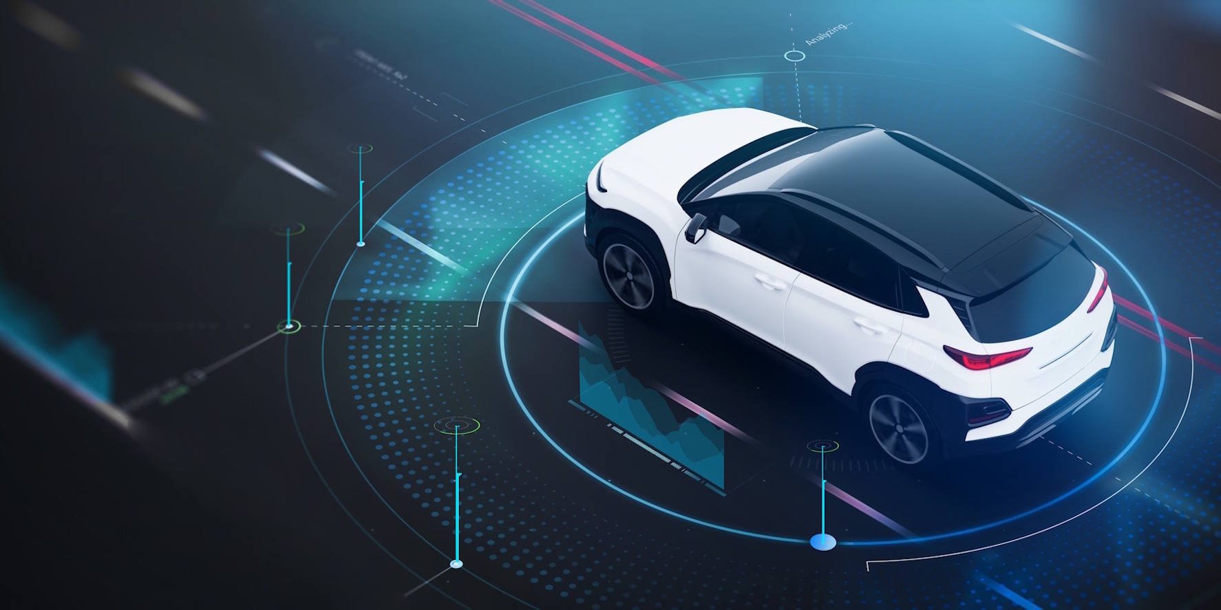 Connected white fleet vehicle surrounded by digital telematics and data visualization graphics
