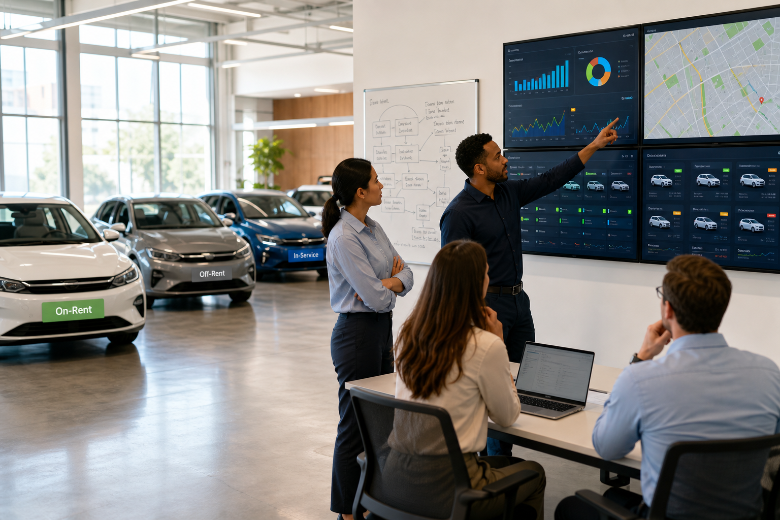 Large carshare fleet management dashboard showing real-time vehicle status for 50 plus vehicles